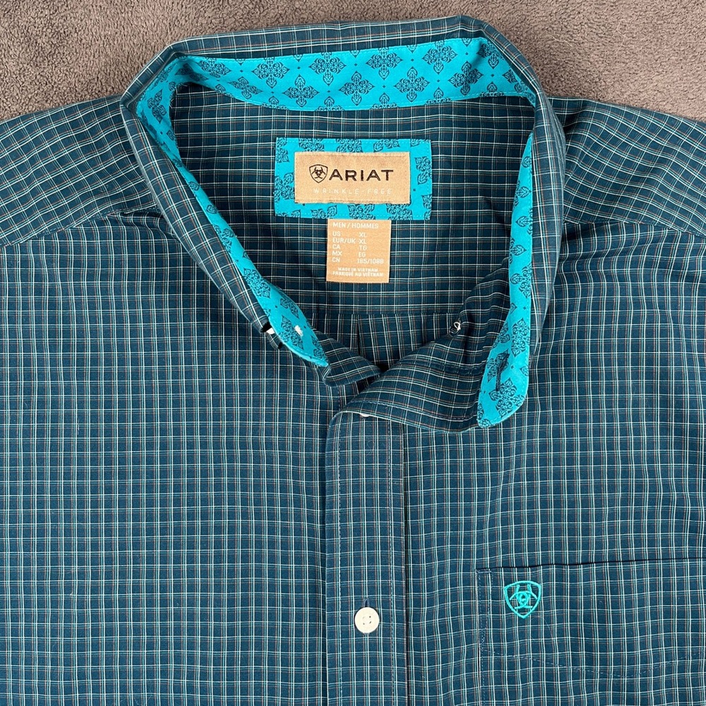 Ariat Shirt Mens XL Teal Plaid Greyson Wrinkle Free Cotton Long Sleeve Button Up